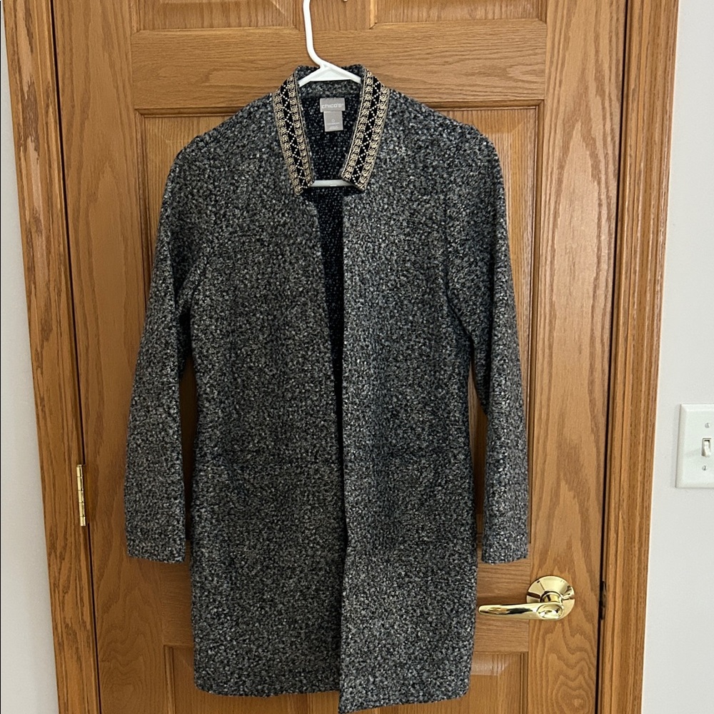 Chico's Black and Gray Cardigan with Gold Embellishments